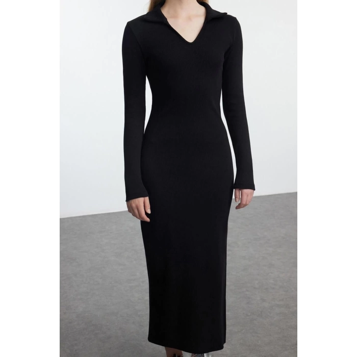 Women Fashion Stylish Midi Length V Neck Fitted Plain Polo Neck Bodycone Knitted Dress