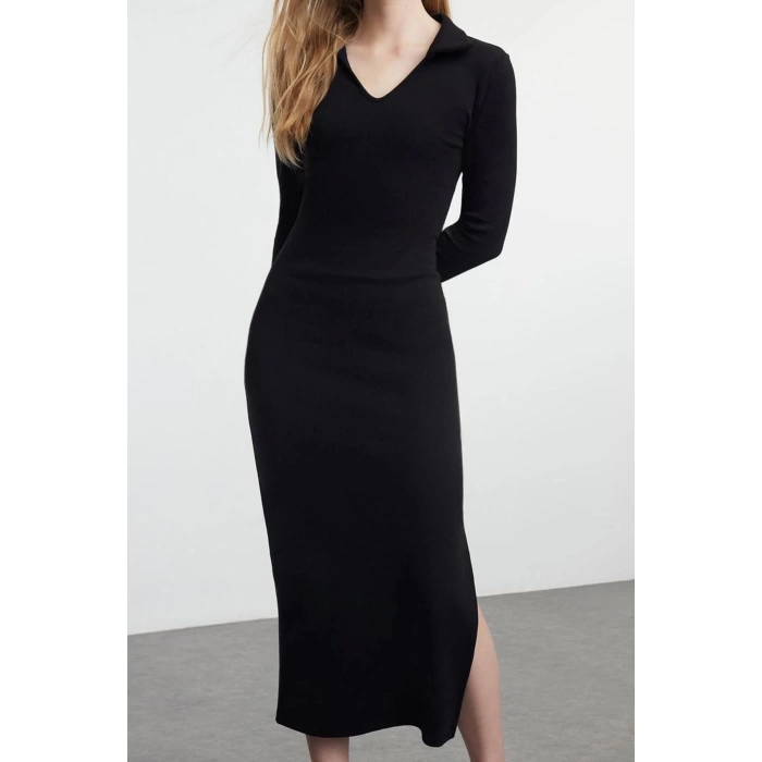 Women Fashion Stylish Midi Length V Neck Fitted Plain Polo Neck Bodycone Knitted Dress