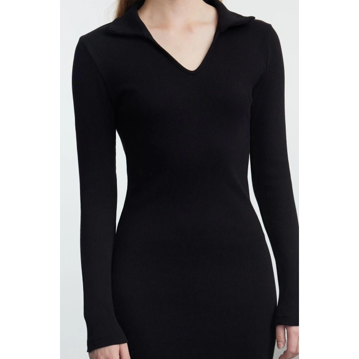 Women Fashion Stylish Midi Length V Neck Fitted Plain Polo Neck Bodycone Knitted Dress