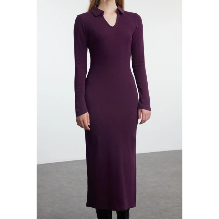 Women Fashion Stylish Midi Length V Neck Fitted Plain Polo Neck Bodycone Knitted Dress