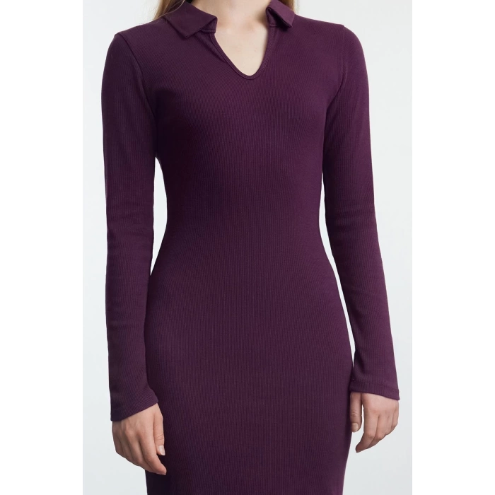 Women Fashion Stylish Midi Length V Neck Fitted Plain Polo Neck Bodycone Knitted Dress