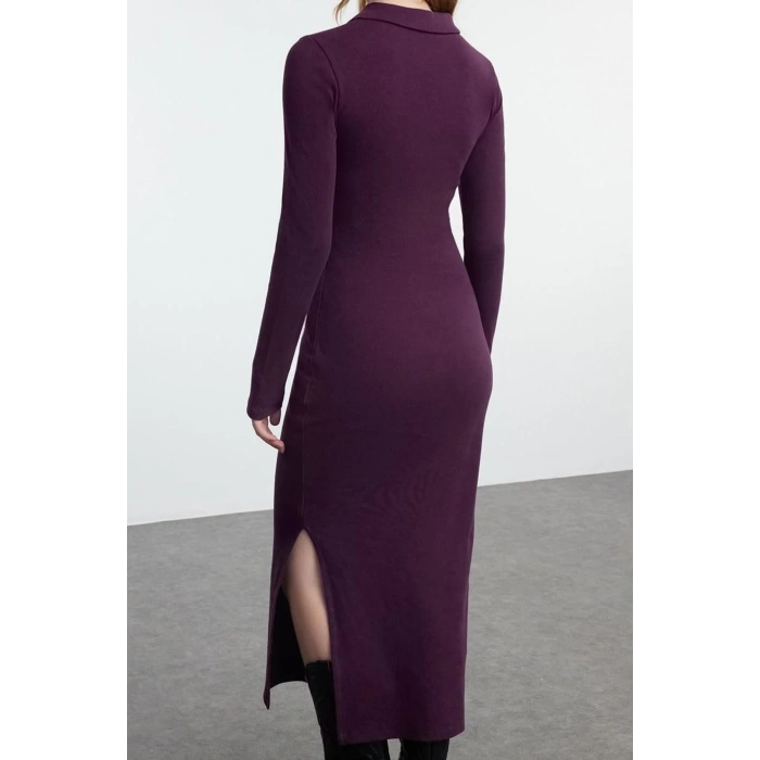 Women Fashion Stylish Midi Length V Neck Fitted Plain Polo Neck Bodycone Knitted Dress