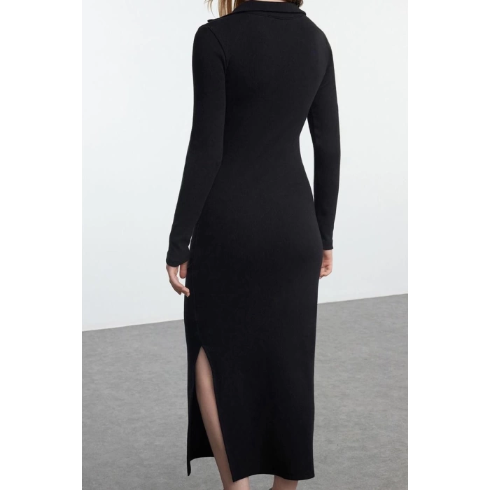 Women Fashion Stylish Midi Length V Neck Fitted Plain Polo Neck Bodycone Knitted Dress
