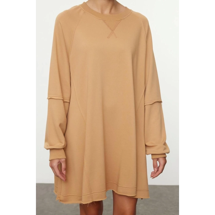 Kadın Moda Şık Mini Boy Bisiklet Yaka Regular Düz Relaxed Rahat Kalıp Sweatshirt Örme Elbise