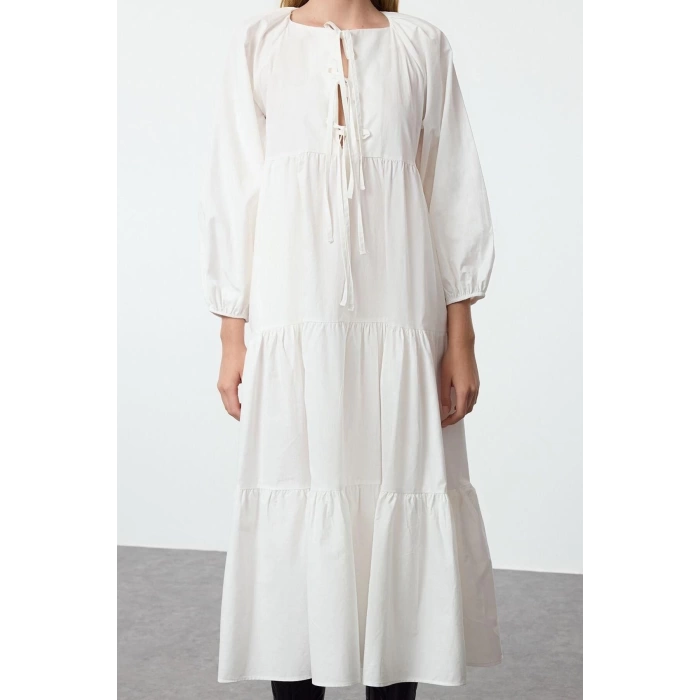 Women Fashion Stylish Midi Length Crew Neck Regular Comfortable Pattern Bow Woven Dress