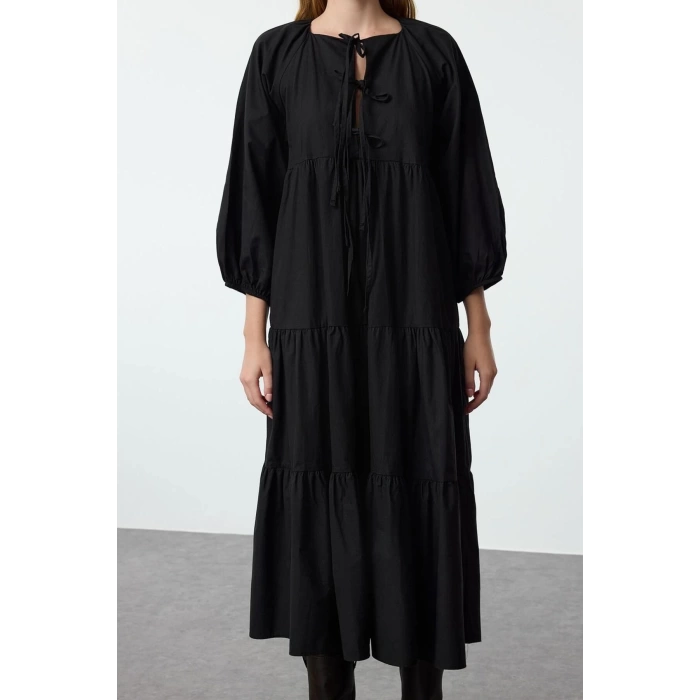 Women Fashion Stylish Midi Length Crew Neck Regular Comfortable Pattern Bow Woven Dress