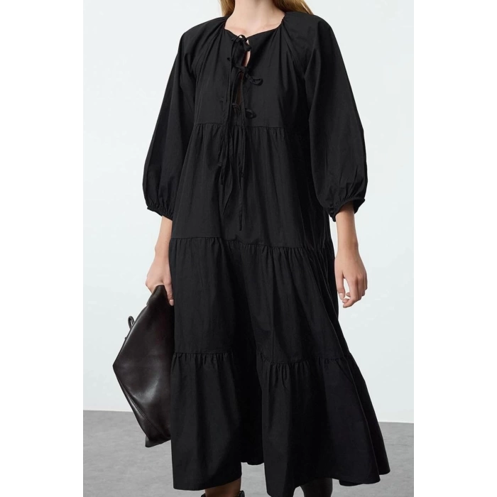 Women Fashion Stylish Midi Length Crew Neck Regular Comfortable Pattern Bow Woven Dress