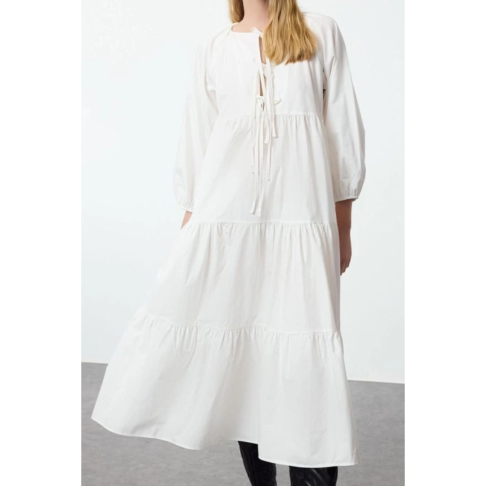 Women Fashion Stylish Midi Length Crew Neck Regular Comfortable Pattern Bow Woven Dress