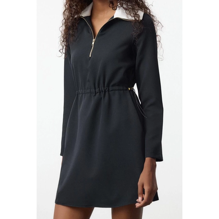 Women Fashion Stylish Mini Length Stand Collar Regular A Cut Adjustable Waist Woven Dress