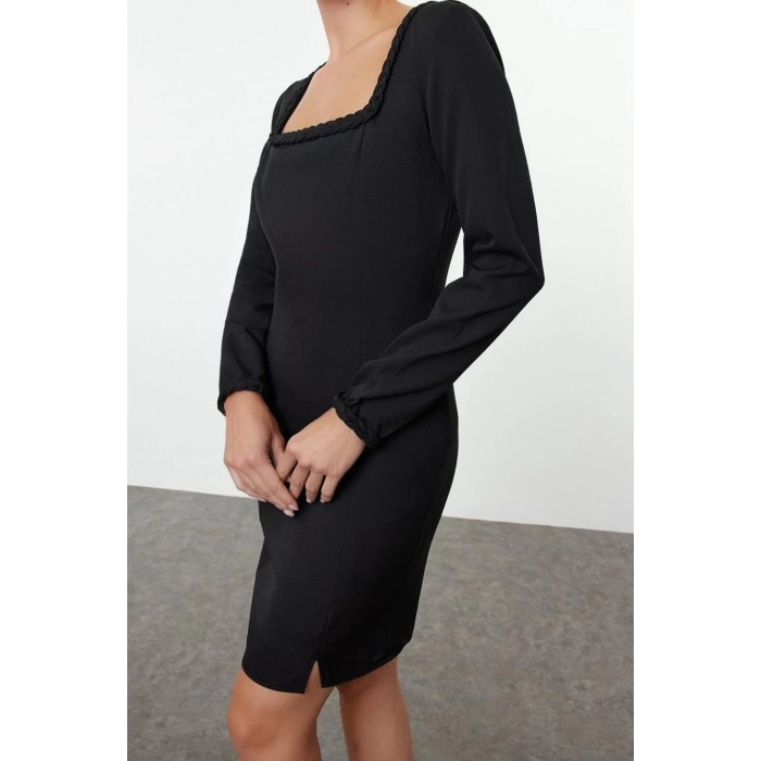 Women Fashion Stylish Mini Length Square Neck Regular Body-hugging Knit Detailed Woven Dress