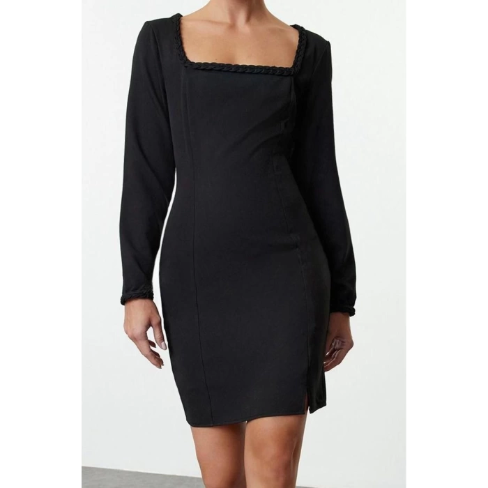 Women Fashion Stylish Mini Length Square Neck Regular Body-hugging Knit Detailed Woven Dress