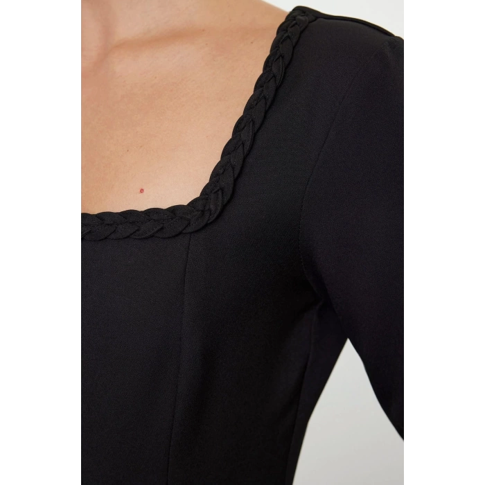 Women Fashion Stylish Mini Length Square Neck Regular Body-hugging Knit Detailed Woven Dress