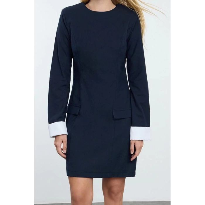 Women Fashion Stylish Mini Length Crew Neck Regular Straight Cut Cuff Detailed Woven Dress
