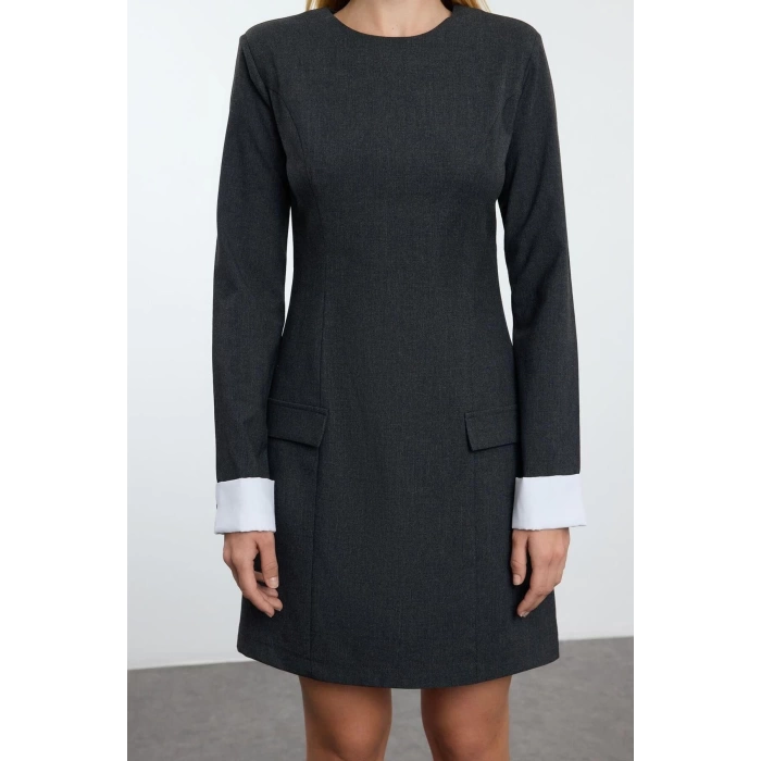 Women Fashion Stylish Mini Length Crew Neck Regular Straight Cut Cuff Detailed Woven Dress