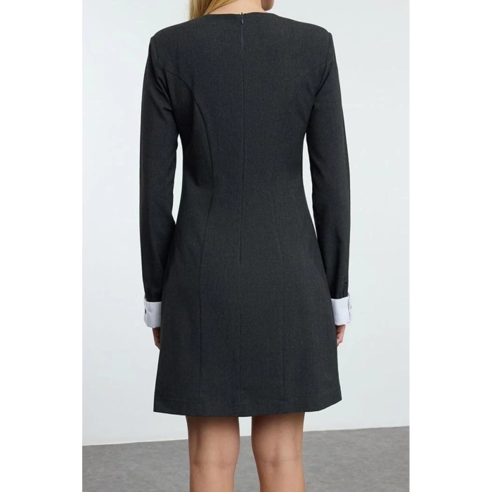 Women Fashion Stylish Mini Length Crew Neck Regular Straight Cut Cuff Detailed Woven Dress
