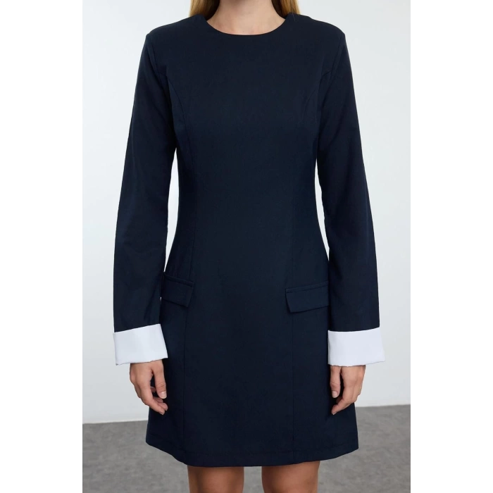 Women Fashion Stylish Mini Length Crew Neck Regular Straight Cut Cuff Detailed Woven Dress