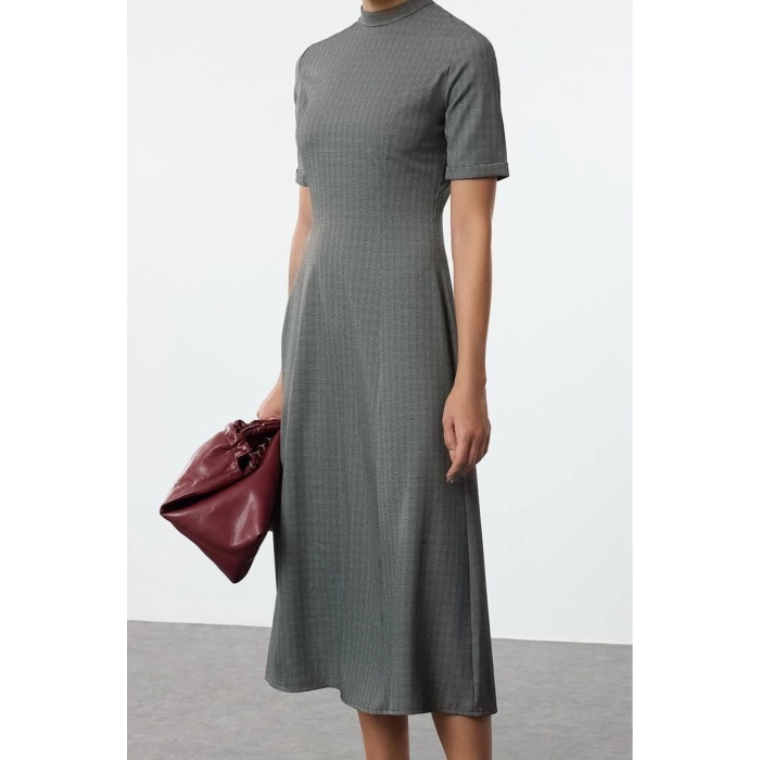 Women Fashion Stylish Midi Length Stand Collar Regular Plaid Checkered Waist Open Woven Dress