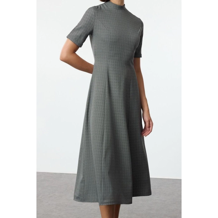 Women Fashion Stylish Midi Length Stand Collar Regular Plaid Checkered Waist Open Woven Dress