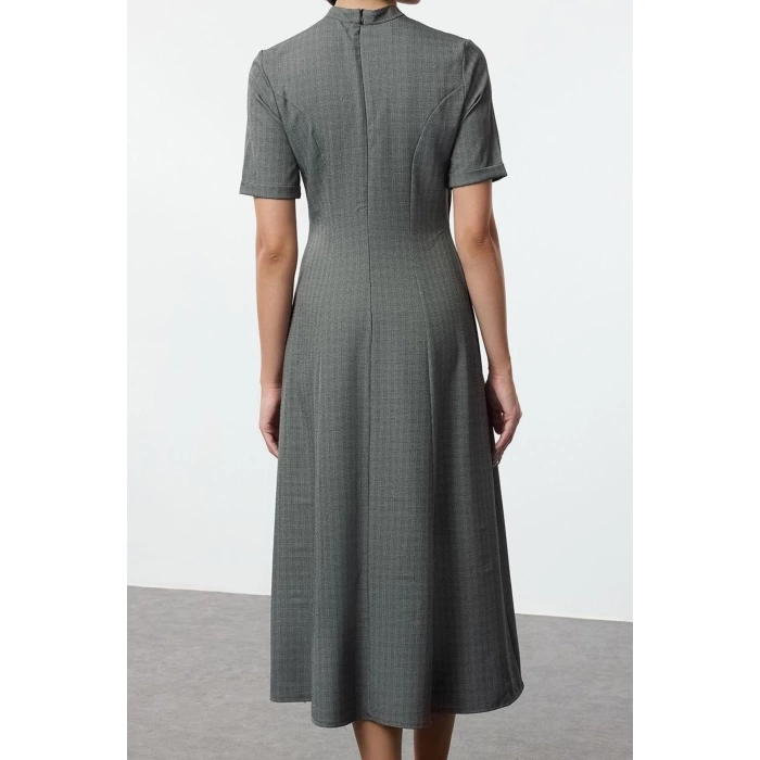 Women Fashion Stylish Midi Length Stand Collar Regular Plaid Checkered Waist Open Woven Dress