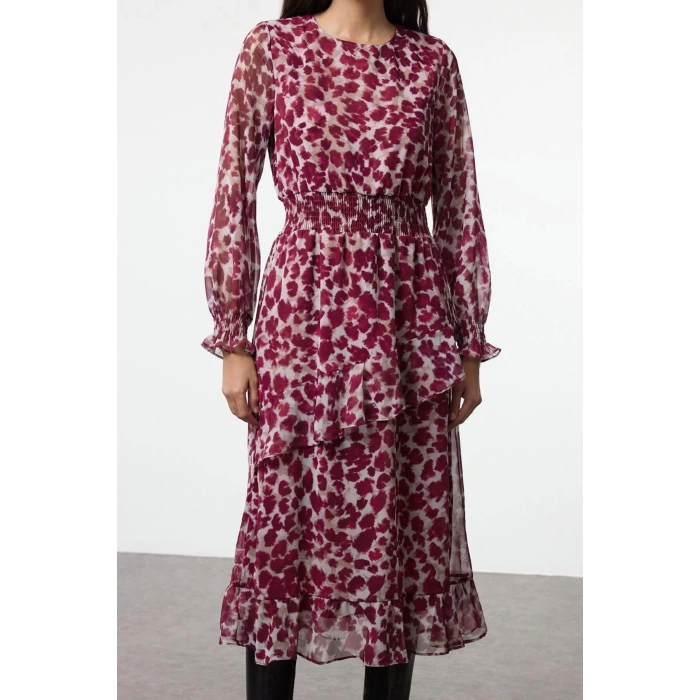 Women Fashion Stylish Maxi Length Crew Neck Regular Flounce Detailed Lined Chiffon Woven Winter Dress