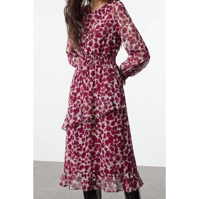 Women Fashion Stylish Maxi Length Crew Neck Regular Flounce Detailed Lined Chiffon Woven Winter Dress