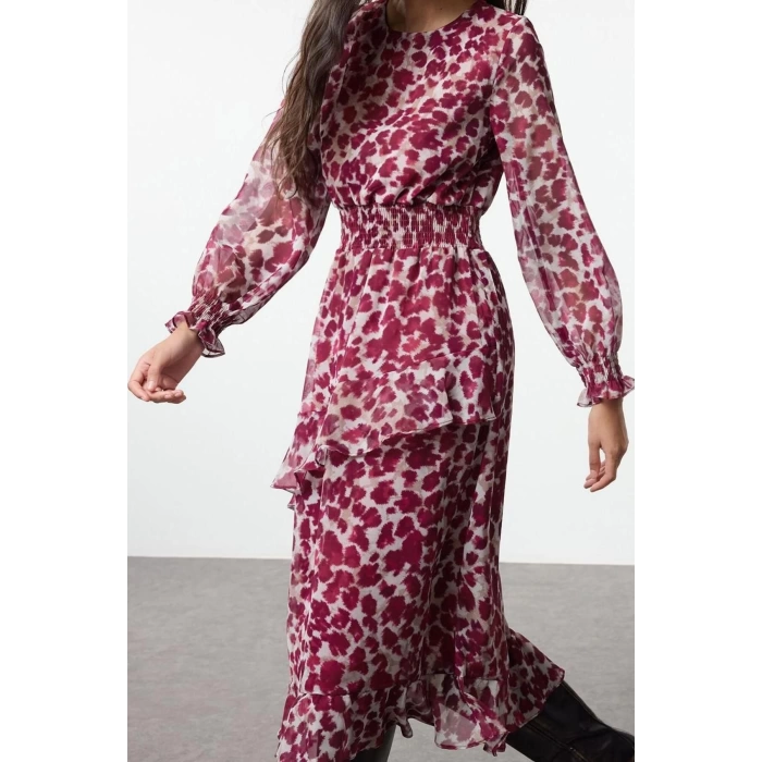 Women Fashion Stylish Maxi Length Crew Neck Regular Flounce Detailed Lined Chiffon Woven Winter Dress