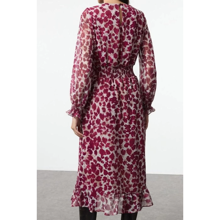 Women Fashion Stylish Maxi Length Crew Neck Regular Flounce Detailed Lined Chiffon Woven Winter Dress