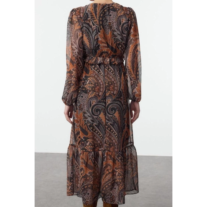 Women Fashion Stylish Midi Length V Neck Regular Ruffle Lined Chiffon Woven Dress