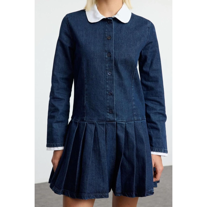 Women Fashion Stylish Mini Length Shirt Collar Denim Pleated Dress