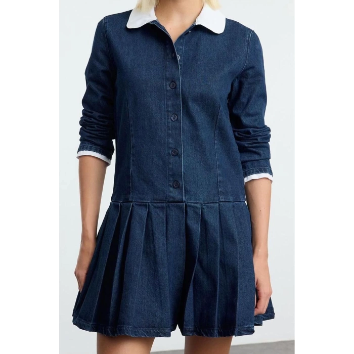 Women Fashion Stylish Mini Length Shirt Collar Denim Pleated Dress