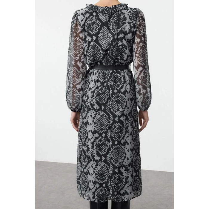 Women Fashion Stylish Midi Length V Neck Regular Animal Belted Woven Dress