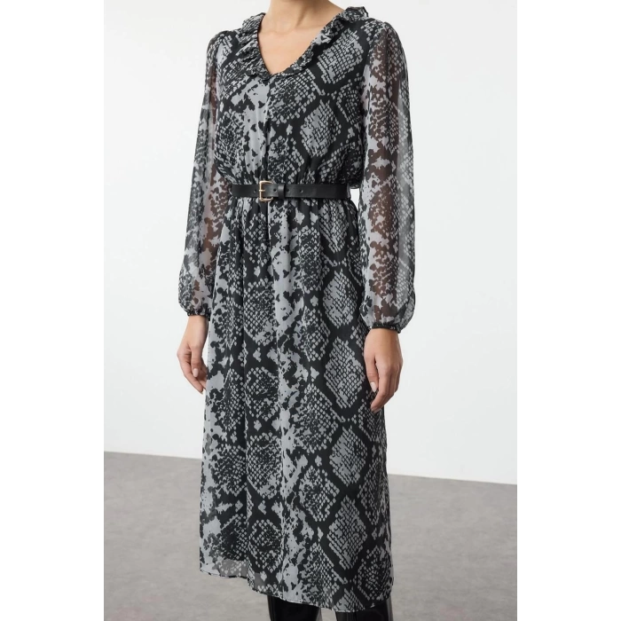 Women Fashion Stylish Midi Length V Neck Regular Animal Belted Woven Dress