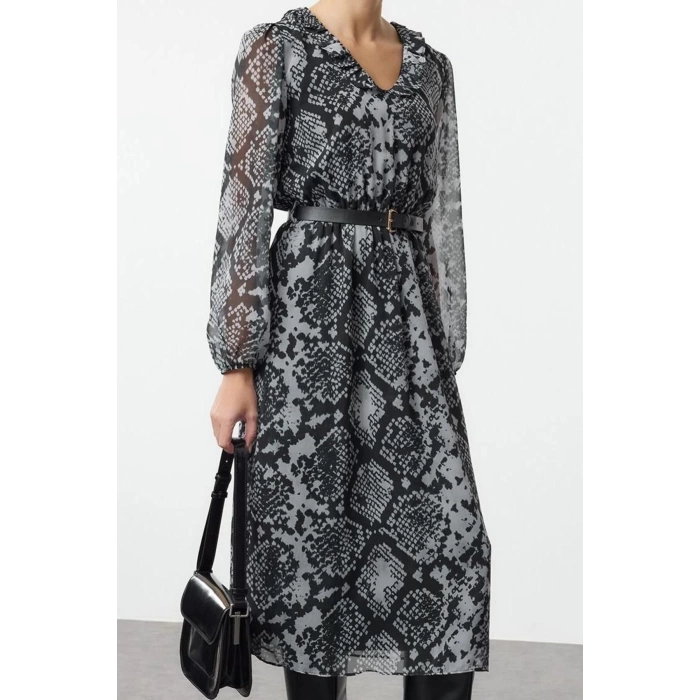 Women Fashion Stylish Midi Length V Neck Regular Animal Belted Woven Dress