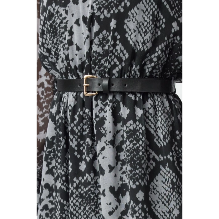 Women Fashion Stylish Midi Length V Neck Regular Animal Belted Woven Dress