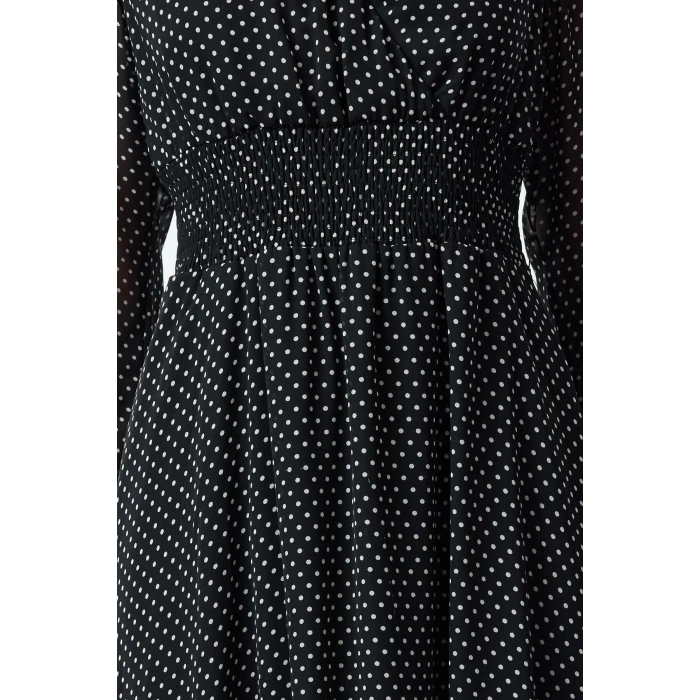 Womens Midi Length Double Breasted Polka Dot A-Line Neck Handkerchief Skirt Detailed Lined Chiffon Woven Dress