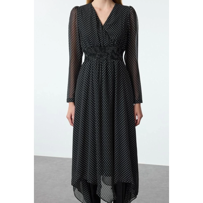 Womens Midi Length Double Breasted Polka Dot A-Line Neck Handkerchief Skirt Detailed Lined Chiffon Woven Dress