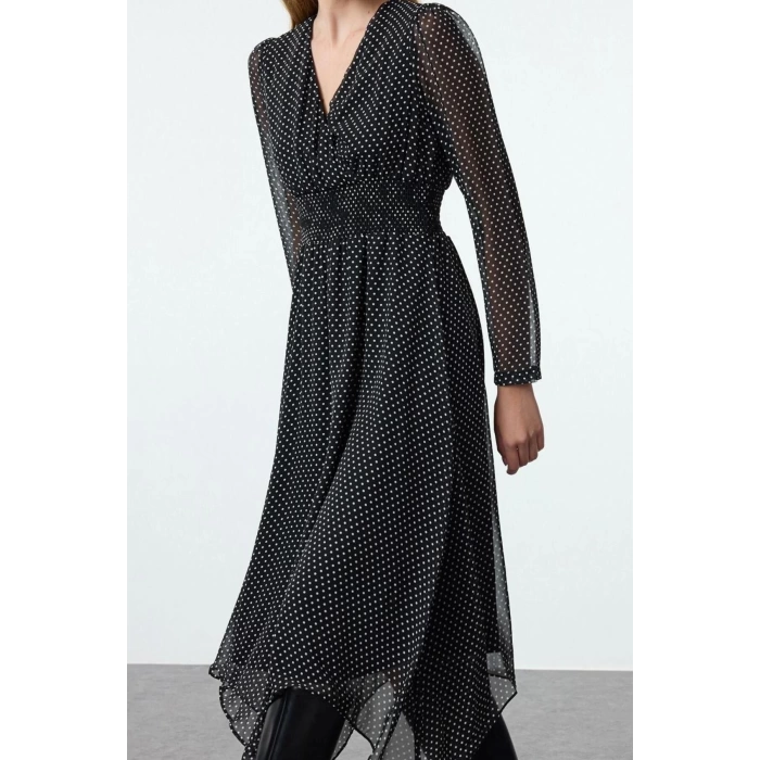 Womens Midi Length Double Breasted Polka Dot A-Line Neck Handkerchief Skirt Detailed Lined Chiffon Woven Dress
