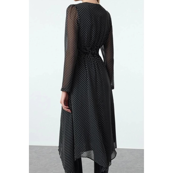 Womens Midi Length Double Breasted Polka Dot A-Line Neck Handkerchief Skirt Detailed Lined Chiffon Woven Dress