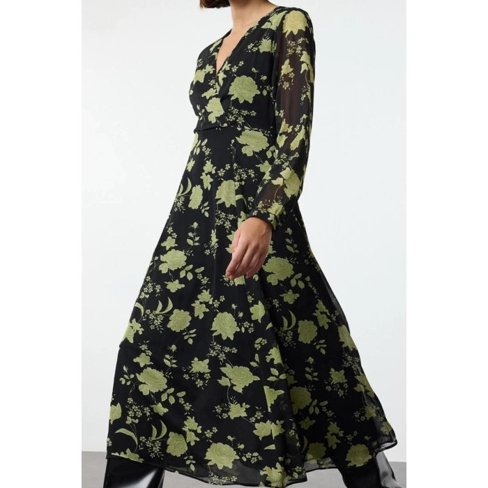 Women Fashion Stylish Midi Length Double Breasted Regular Floral Patterned A-Line Collar Woven Dress