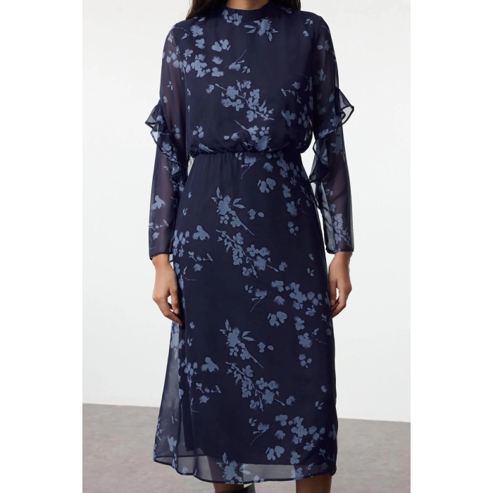 Women Fashion Stylish Midi Length Stand Collar Regular Floral A Cut Woven Winter Dress