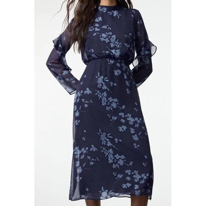 Women Fashion Stylish Midi Length Stand Collar Regular Floral A Cut Woven Winter Dress