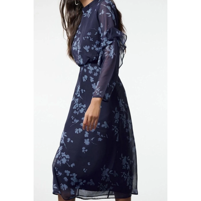 Women Fashion Stylish Midi Length Stand Collar Regular Floral A Cut Woven Winter Dress