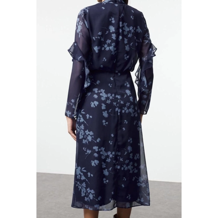 Women Fashion Stylish Midi Length Stand Collar Regular Floral A Cut Woven Winter Dress