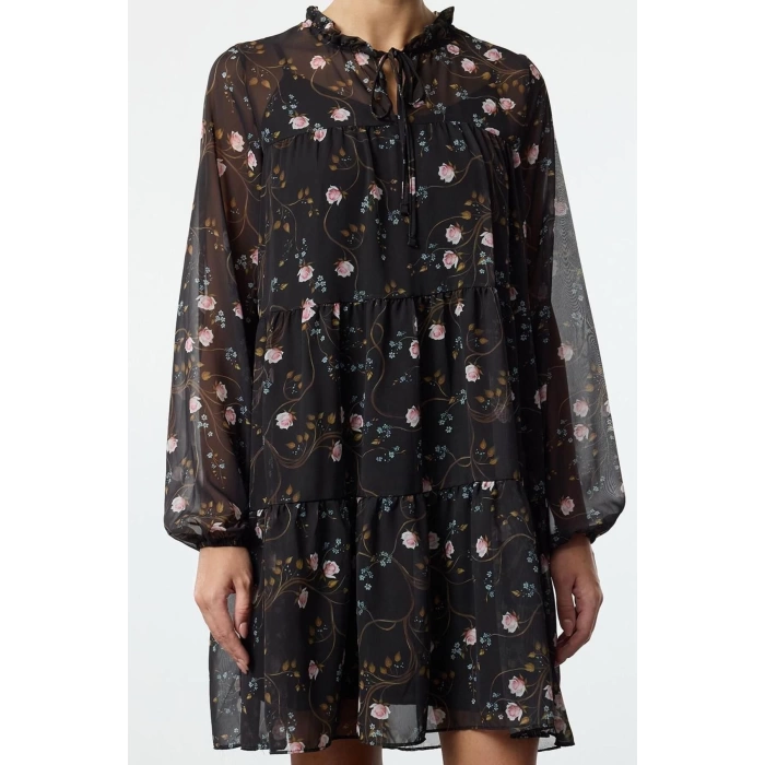 Women Fashion Stylish Mini Length Stand Collar Regular Shawl Patterned Loose Fit Lined Chiffon Woven Winter Dress