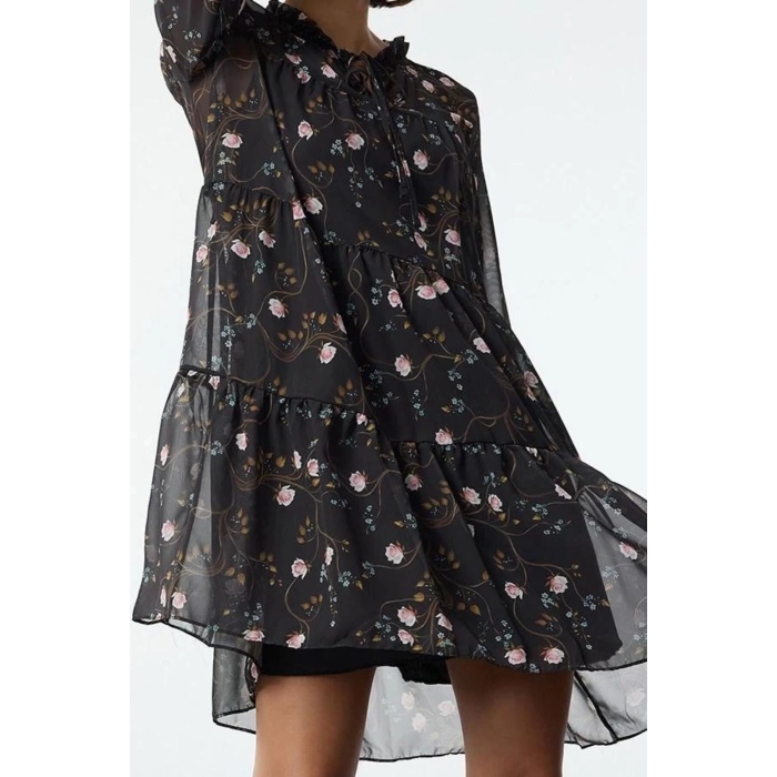 Women Fashion Stylish Mini Length Stand Collar Regular Shawl Patterned Loose Fit Lined Chiffon Woven Winter Dress