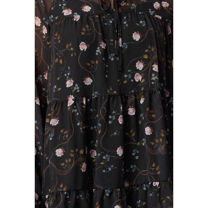 Women Fashion Stylish Mini Length Stand Collar Regular Shawl Patterned Loose Fit Lined Chiffon Woven Winter Dress