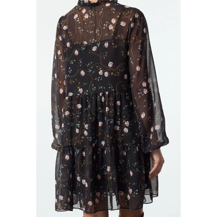 Women Fashion Stylish Mini Length Stand Collar Regular Shawl Patterned Loose Fit Lined Chiffon Woven Winter Dress