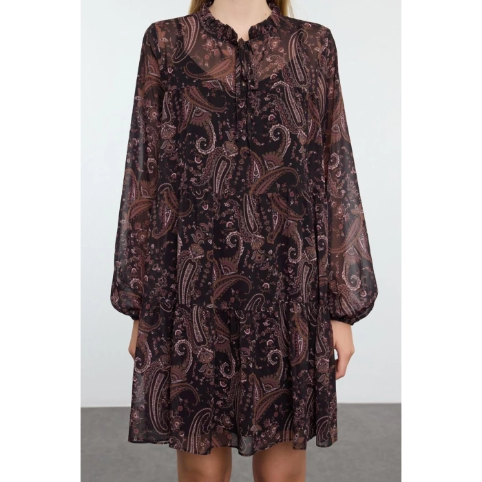 Women Fashion Stylish Mini Length Stand Collar Regular Shawl Patterned Loose Fit Lined Chiffon Woven Winter Dress