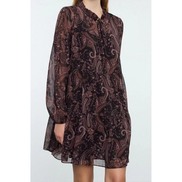 Women Fashion Stylish Mini Length Stand Collar Regular Shawl Patterned Loose Fit Lined Chiffon Woven Winter Dress