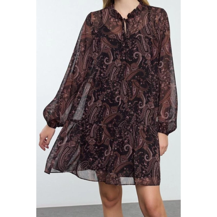Women Fashion Stylish Mini Length Stand Collar Regular Shawl Patterned Loose Fit Lined Chiffon Woven Winter Dress